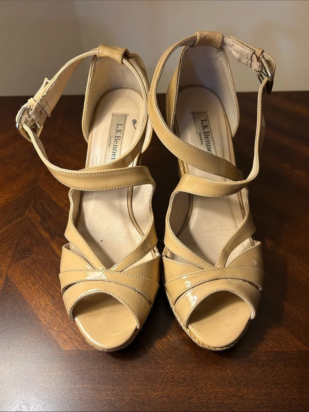 L. K. Bennett Patent Nude Braided Wedge Heels